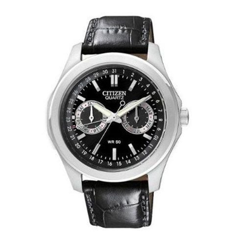 AG0160-02E Men's Quartz Black Dial Black Leather Strap Watch - Citizen - Modalova