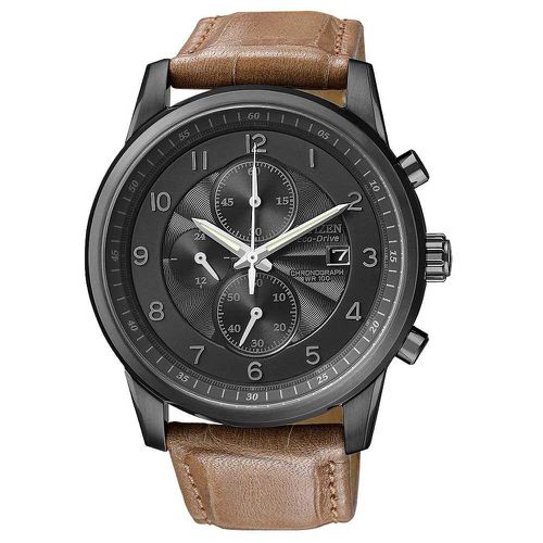 CA0335-04E Men's Eco-Drive Black Ion Plated Leather Strap Textured Black Dial Chronograph Watch - Citizen - Modalova