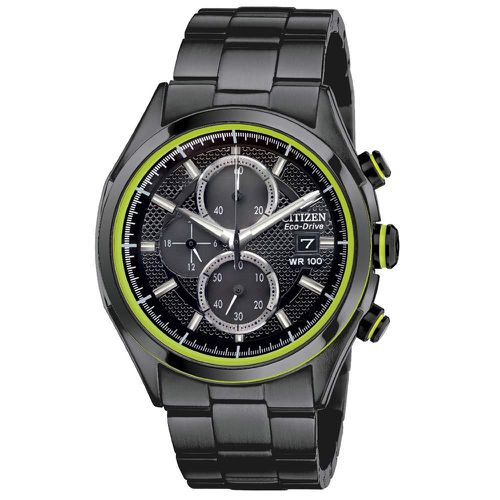 CA0435-51E Men's HTM 2.0 Drive Collection Black Perforated Dial Eco-Drive Chronograph Black Plated Steel Watch - Citizen - Modalova