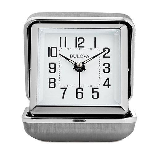 B6123 Traveler Silver Dial Metal Clam Shell Alarm Table Clock - Bulova - Modalova