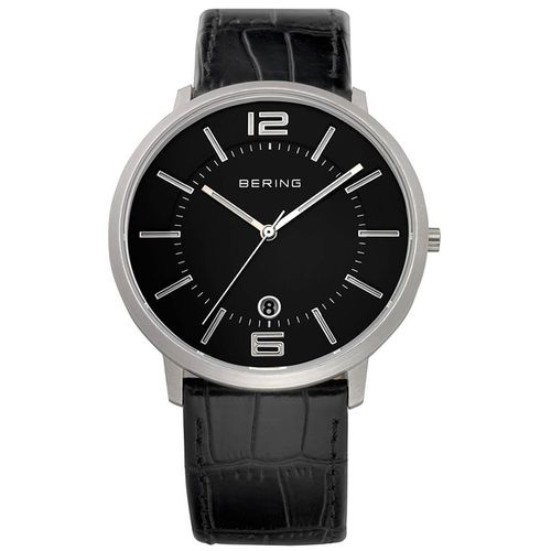 Men's Quartz Watch - Classic Black Dial Black Leather Strap / 11139-409 - Bering - Modalova