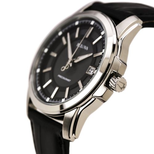 B158 Men's Precisionist Grey Dial Black Leather Strap Watch - Bulova - Modalova