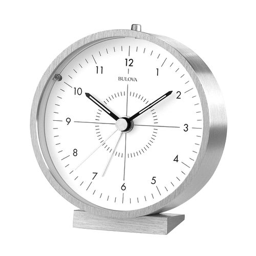 B6844 Flair White Dial Brushed Satin Aluminum Alarm Table Clock - Bulova - Modalova