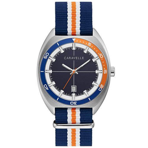 Men's Strap Watch - Quartz Navy Blue & Orange Bezel Striped Nylon / 43B166 - Caravelle - Modalova