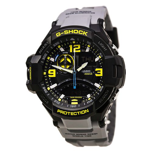 GA1000-8A Men's G-Shock G-Aviation World Time Black Ana-Digi Dial Grey Resin Strap Dive Watch - Casio - Modalova