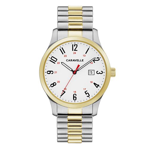 B147 Men's White Dial Two Tone Yellow Gold Expansion Bracelet Watch - Caravelle - Modalova