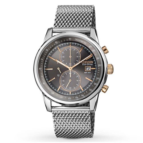 CA0336-52H Men's Eco-Drive Grey Dial Steel Mesh Bracelet Chronograph Watch - Citizen - Modalova