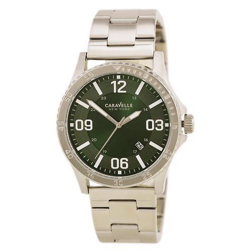 B129 Mens New York Green Dial Stainless Steel Bracelet Date Watch - Caravelle - Modalova