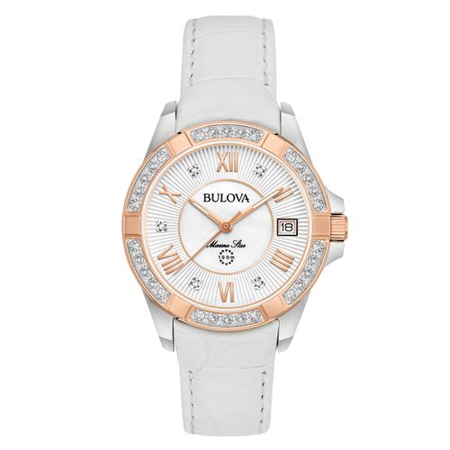 R233 Women's White Leather Strap Quartz Mother of Pearl Dial Diamond Watch - Bulova - Modalova