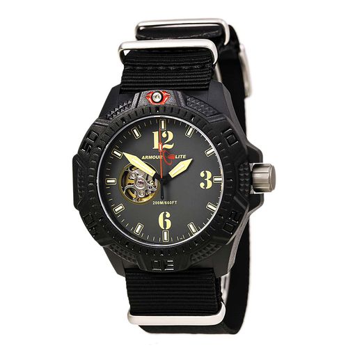 AL1201 Men's Caliber Gold Accented Dark Grey Dial Black Strap Automatic Dive Watch - Armourlite - Modalova