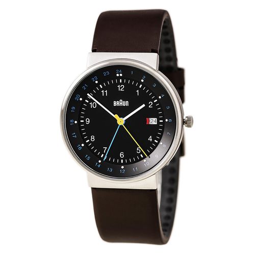BN0142BKBRG Men's Classic Brown Leather Strap GMT Quartz Black Dial Watch - Braun - Modalova