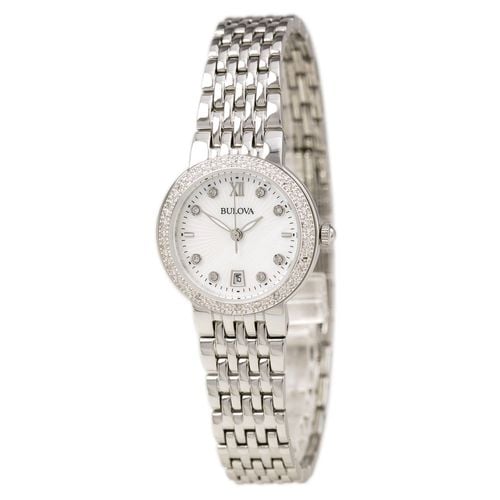 R203 Women's Diamond Accented Bezel White MOP Dial Steel Bracelet Quartz Date Watch - Bulova - Modalova