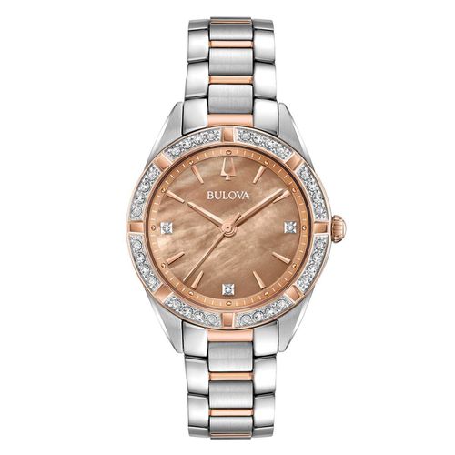 Women's Two Tone Steel Watch - Classic Diamond Rose Gold MOP Dial / 98R264 - Bulova - Modalova
