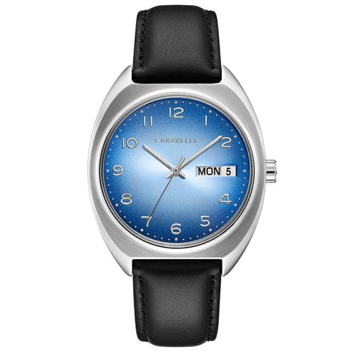 Men's Strap Watch - Quartz Blue Dial Black Leather / 43C119 - Caravelle - Modalova