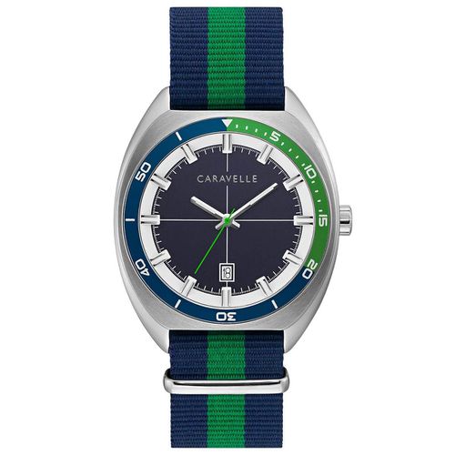 Men's Strap Watch - Quartz Navy Blue & Green Bezel Striped Nylon / 43B169 - Caravelle - Modalova