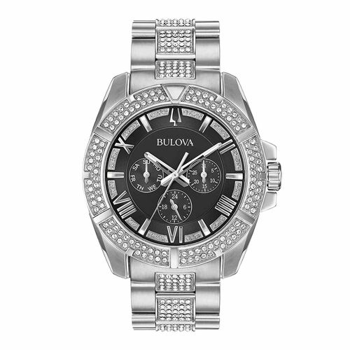 Men's Stainless Steel Bracelet Watch - Crystal Quartz Black Dial / 96C126 - Bulova - Modalova