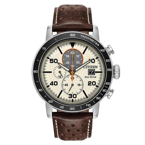 Men's Chronograph Watch - Brycen Eco-Drive Beige Dial Brown Leather Strap - Citizen - Modalova
