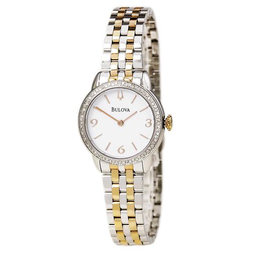 Women's Diamond Two Tone Rose Gold Bracelet Watch - Quartz White Dial / 98R182 - Bulova - Modalova