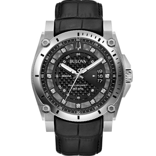 Men's Diamond Watch - Precisionist Chronograph Black Leather Strap / 96D147 - Bulova - Modalova