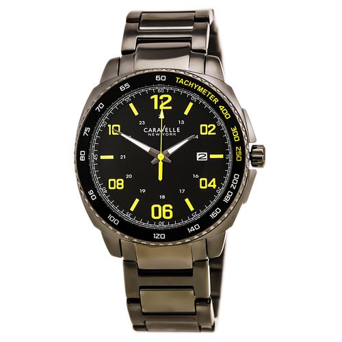 B143 Men's Gunmetal Steel Bracelet Quartz Black Dial Date Watch - Caravelle - Modalova