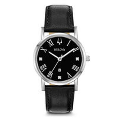 Women's Diamond Watch - Classic Black Dial Black Leather Strap / 96P192 - Bulova - Modalova
