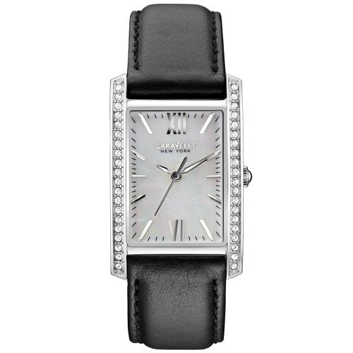 L162 Womens Crystal New York MOP White Dial Black Leather Band Watch - Caravelle - Modalova