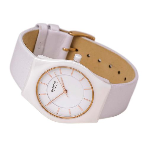 Women's Ceramic Quartz White Dial White Calfskin Leather Strap Watch - Bering - Modalova