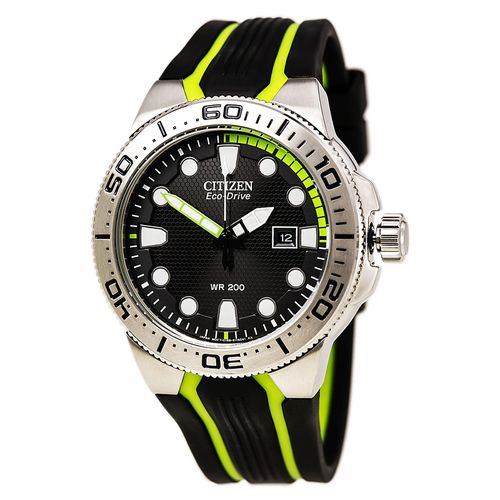 BN0090-01E Men's Eco-Drive Scuba Fin Black Dial Green Accents Black Rubber Strap Dive Watch - Citizen - Modalova