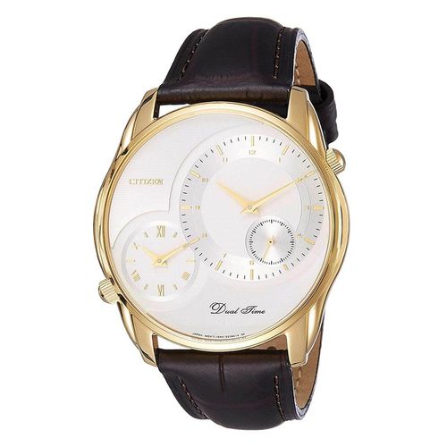 Men's Dual Time Watch - Quartz White Dial Brown Leather Strap / AO3008-07A - Citizen - Modalova