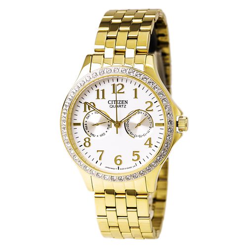 ED8112-52A Women's Quartz Swarovski Crystal Accented Bezel White Dial Gold Plated Steel Watch - Citizen - Modalova