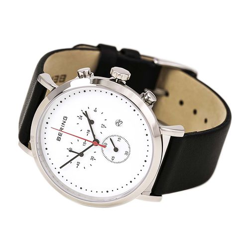 Men's Classic White Dial Black Leather Strap Chronograph Watch - Bering - Modalova
