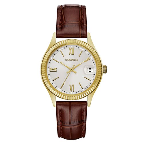 M111 Women's Silver Dial Yellow Gold Steel Brown Leather Strap Watch - Caravelle - Modalova