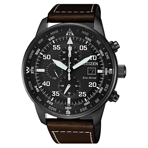 Men's Chrono Watch - Eco-Drive Black Dial Brown Leather Strap / CA0695-17E - Citizen - Modalova
