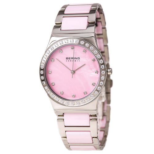 Women's Ceramic Pink MOP Dial Quartz Swarovski Crystal Bezel Watch - Bering - Modalova