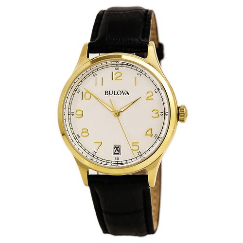 Men's Leather Strap Watch - Classic Yellow Gold Steel Grey Dial / 97B147 - Bulova - Modalova