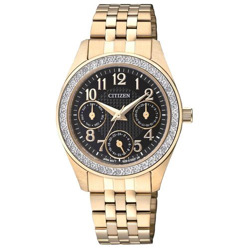 ED8132-55E Women's Crystal Bezel Black Dial Gold Plated Steel Bracelet Watch - Citizen - Modalova