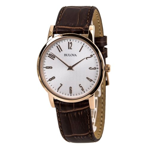 A106 Men's Rose Gold Tone White Dial Brown Leather Strap Watch - Bulova - Modalova