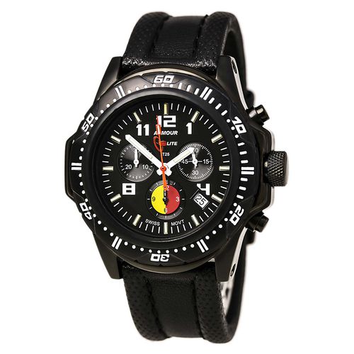 AL89 Men's Black Leather Strap Swiss Quartz Chrono Black Dial Watch - Armourlite - Modalova