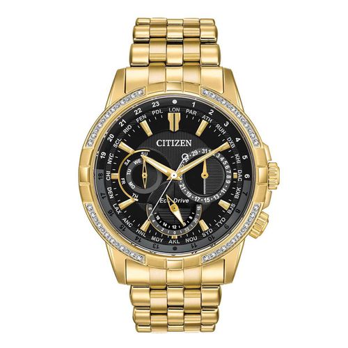Men's Diamond Watch - Calendrier Black Dial Yellow Gold Steel / BU2082-56E - Citizen - Modalova
