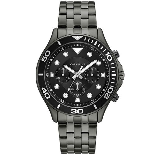 Men's Bracelet Watch - Quartz Chronograph Black Dial Gunmetal Steel / 45A144 - Caravelle - Modalova