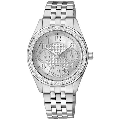 ED8130-51A Women's Crystal Bezel Silver Dial Steel Bracelet Dual Time Watch - Citizen - Modalova