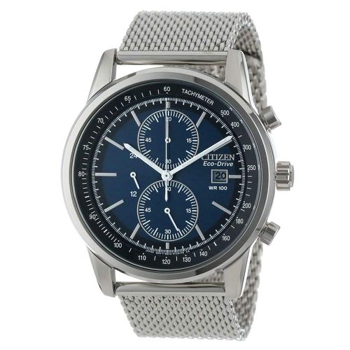 CA0331-56L Men's Eco-Drive Blue Dial Steel Mesh Bracelet Chronograph Watch - Citizen - Modalova