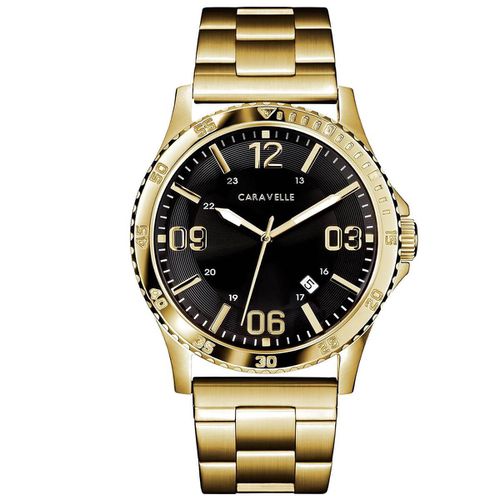 Men's Bracelet Watch - Date Black Dial Yellow Gold Stainless Steel / 44B120 - Caravelle - Modalova