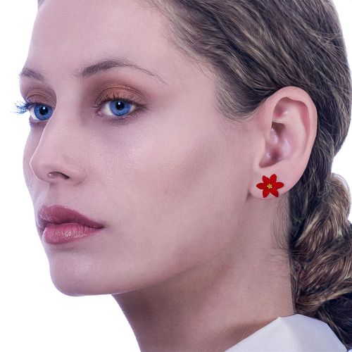 Handmade Silver Stud Earrings Red Flowers - Stavros - Modalova