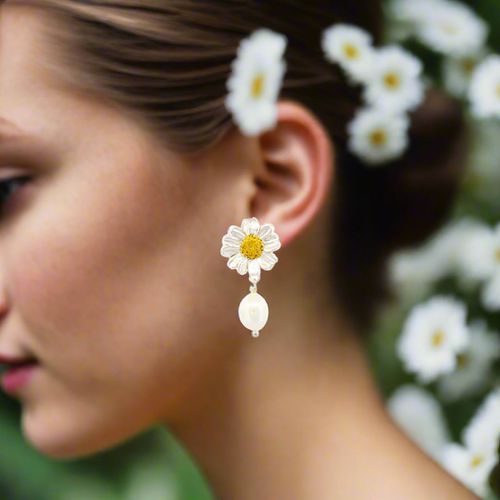 Handmade Silver Daisy Earrings With Pearls - Thallo - Modalova