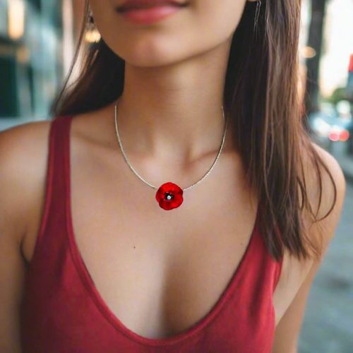 Handmade Silver Red Poppy Small Short Choker Necklace - Anna Stypsianou - Modalova