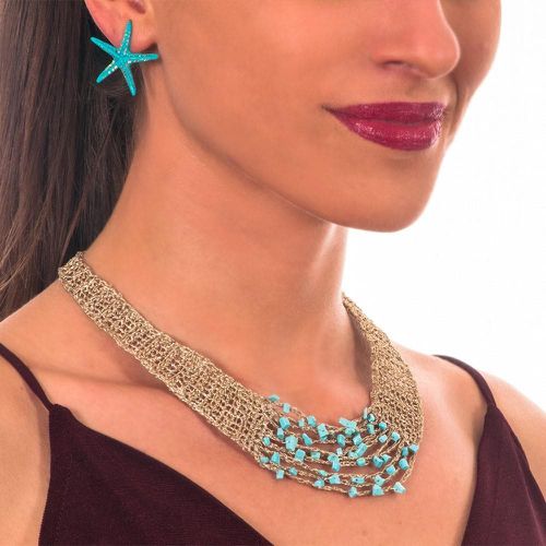 Handmade Gold Plated Choker Necklace with Turquoise Stones - Vasso Galati - Modalova