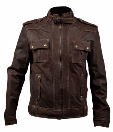 Slim Fit Stone Wash Brown Leather Jacket with Strap Collar - Feather skin - Modalova