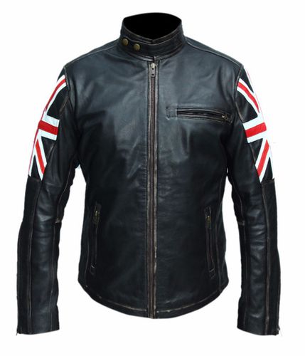 UK Flag Biker Vintage Style Motorcycle Cafe Racer Leather Jacket - Feather skin - Modalova