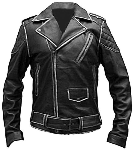 Brando Style Distressed Motorbike Genuine Leather Jacket Black - Feather skin - Modalova